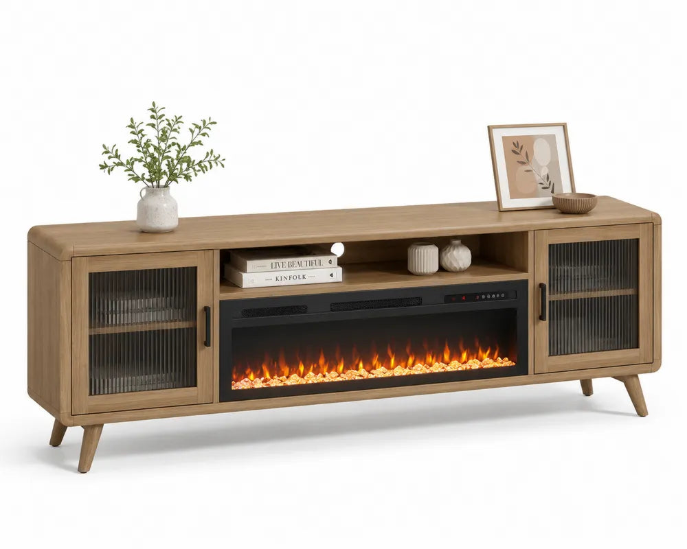 TV-Schrank mit elektrischem Kamin Eiche Glas 180cm