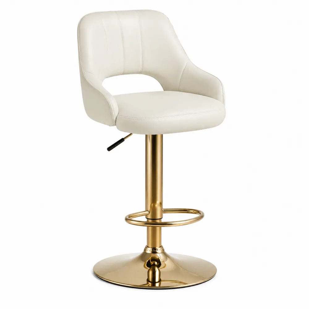 Barhocker aus Kunstleder in Weiß mit Rückenlehne und goldener Metallbasis, höhenverstellbar