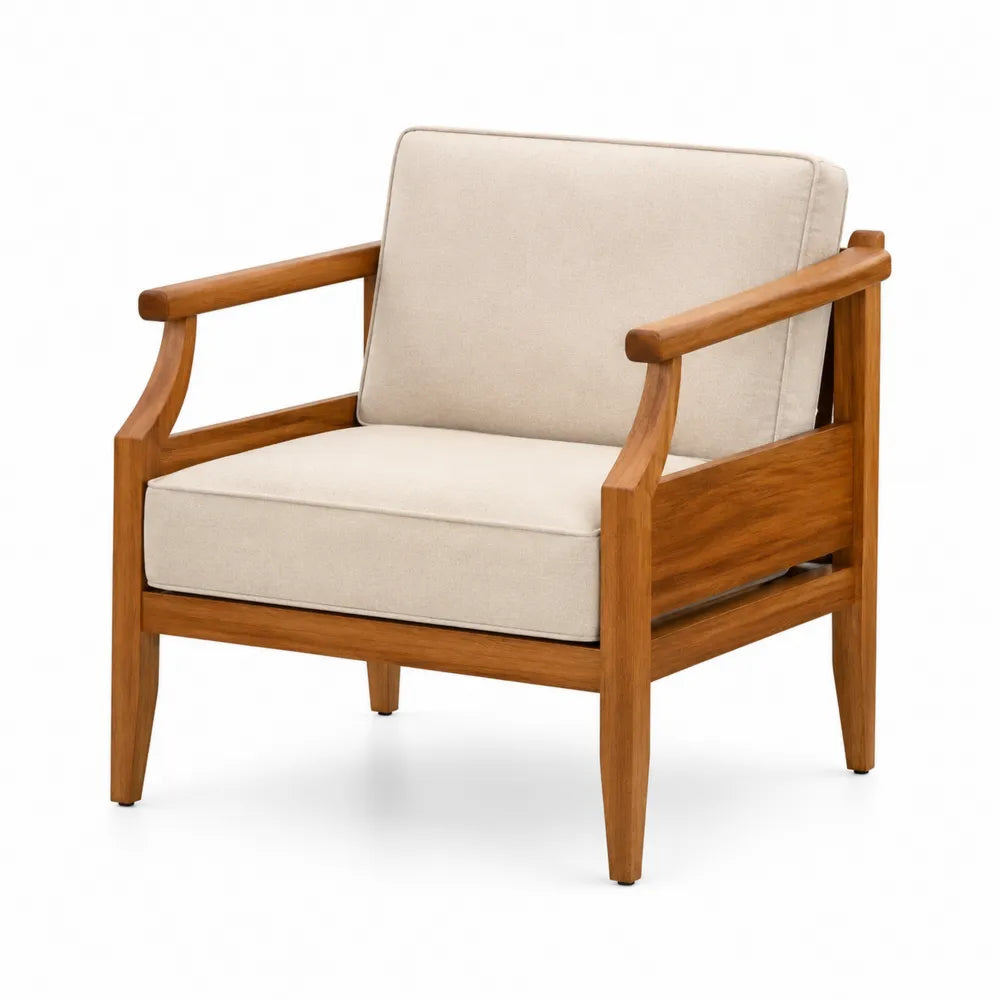 Teakholz Sessel mit beigem Polyesterbezug
