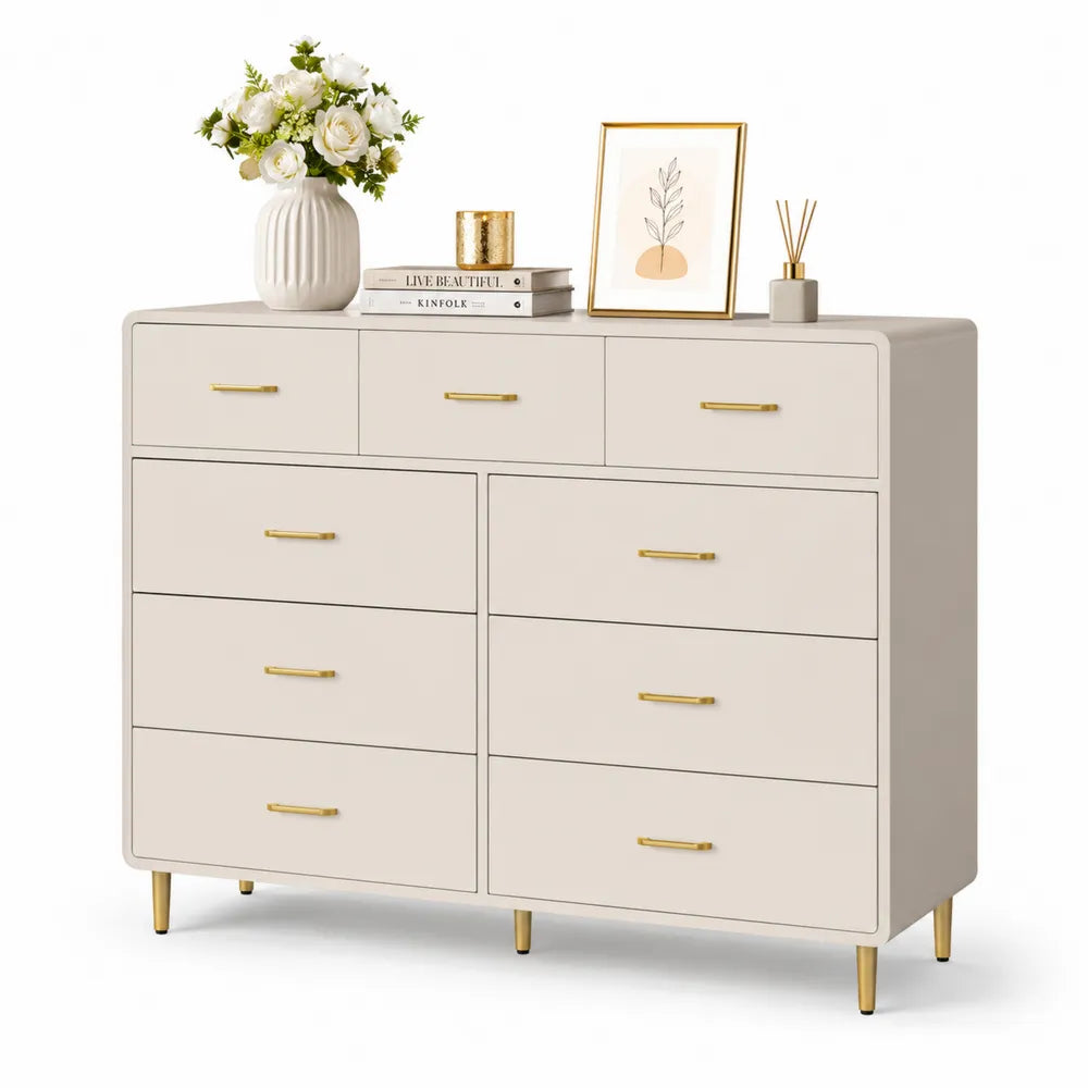 Holzverbund Kommode mit 10 Schubladen Beige 120cm x 40cm x 110cm