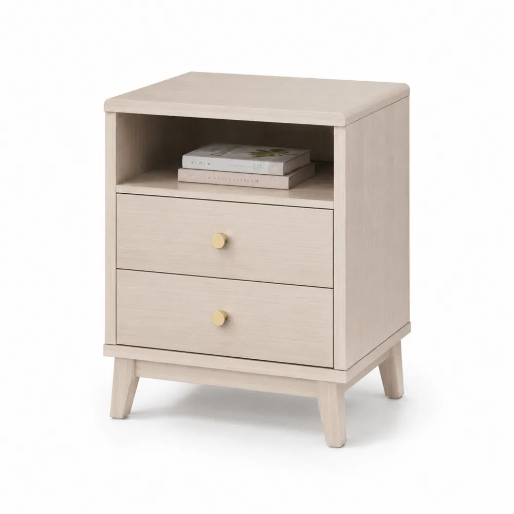 Beistelltisch mit 2 Schubladen, Massivholz, Beige, 50x40x60 cm