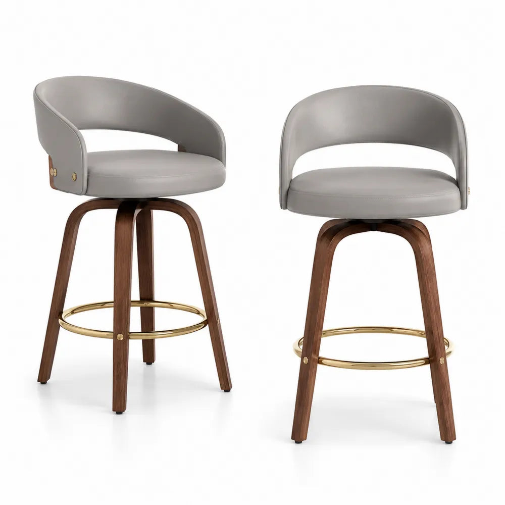 2er-Set Barhocker Kunstleder Grau mit Walnussholz