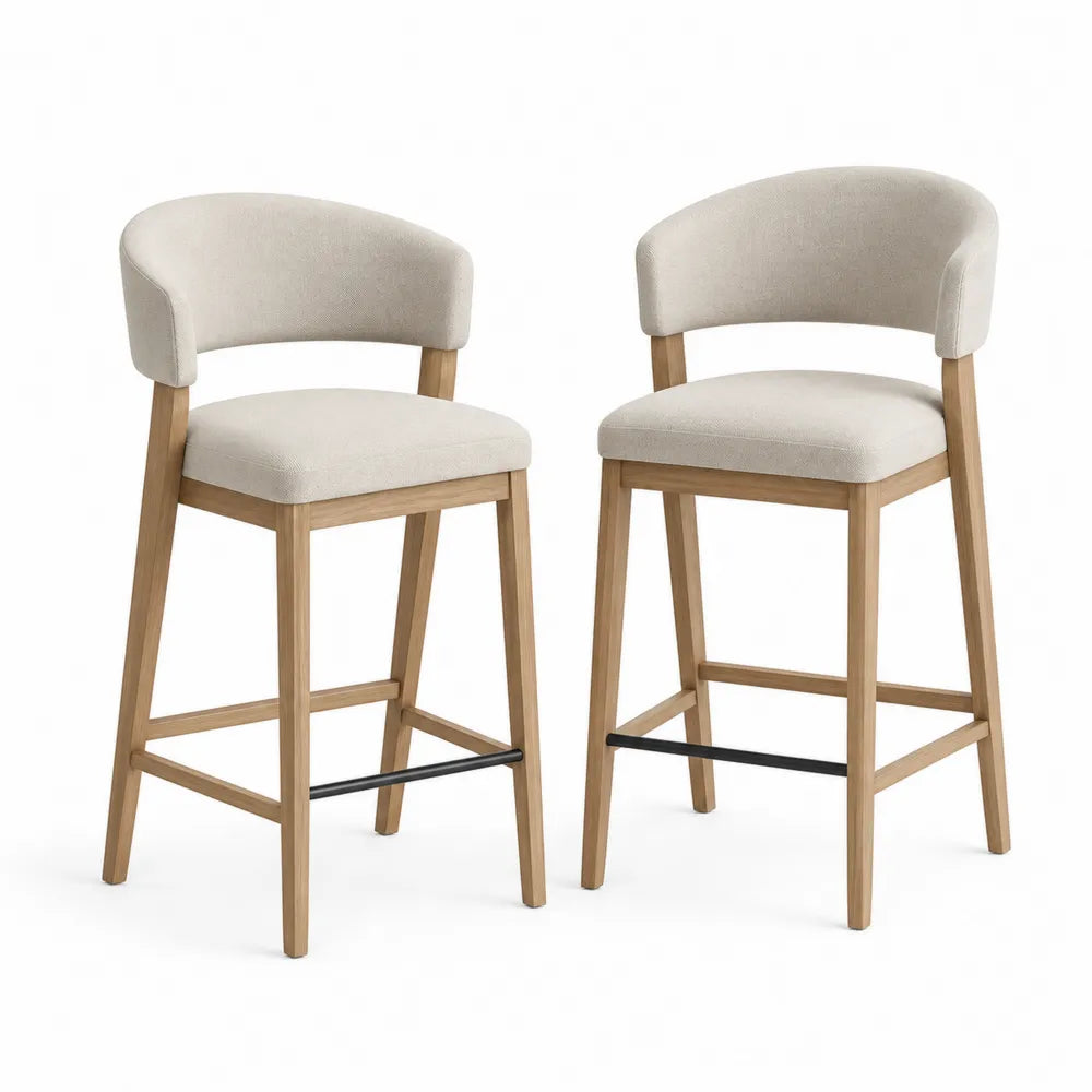 2er Set Barhocker mit Rückenlehne Beige Holzgestell