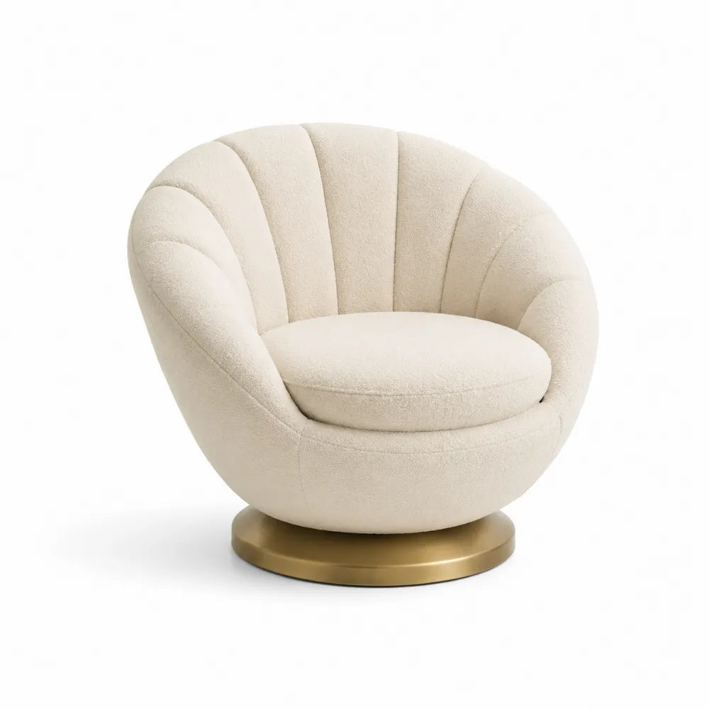 Runder Drehstuhl aus Stoff mit Messingbasis, Creme, 73x83x83cm