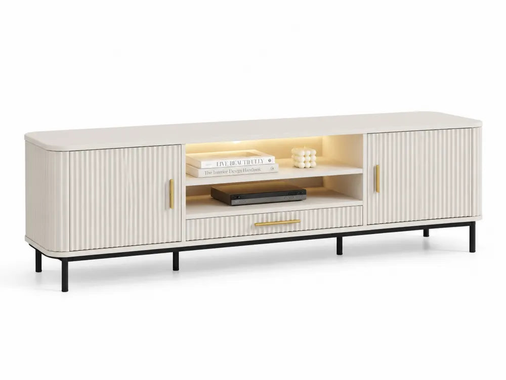 TV-Schrank Weiß Holz mit Regalen und Türen, 180 cm