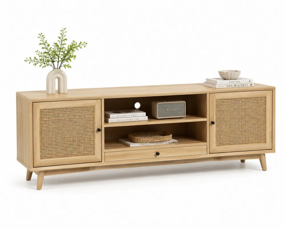 TV-Schrank Holz Massivholz Rattan Natur 148 cm