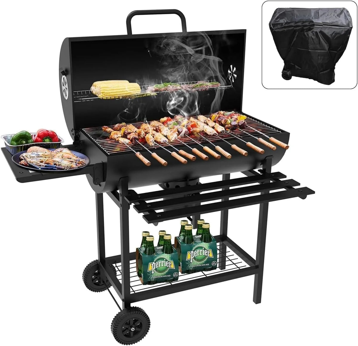 Meter, XXL houtskoolgrill met deksel, thermometer, aslade, TEENO Houten