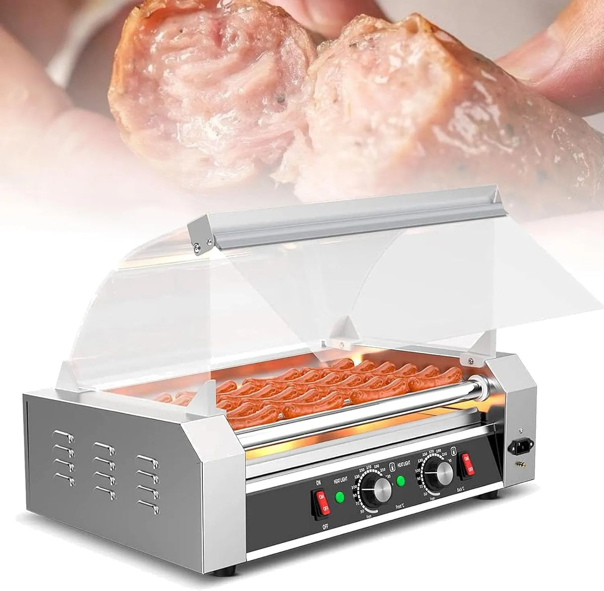 Machine, 250 °C, 1050 W worstjesgrill met 7 wielen met antiaanbaklaag, werkblad van RVS