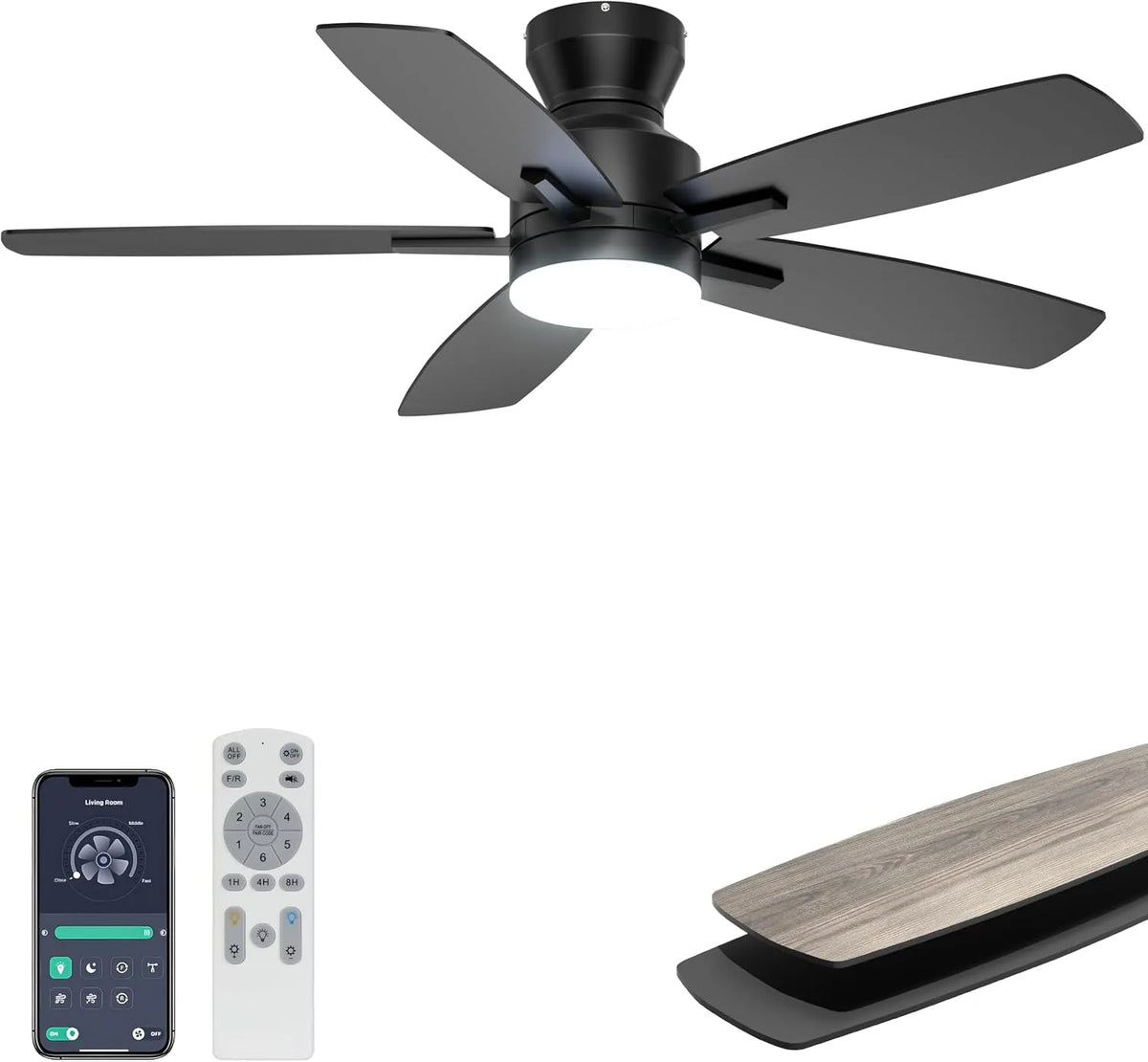 Ventilator, Ohniyou plafondventilator, moderne plafondventilatoren voor slaapkamer en keuken, dimbaar, geluidsarm gelijkstroommotor, zwart, 106 cm