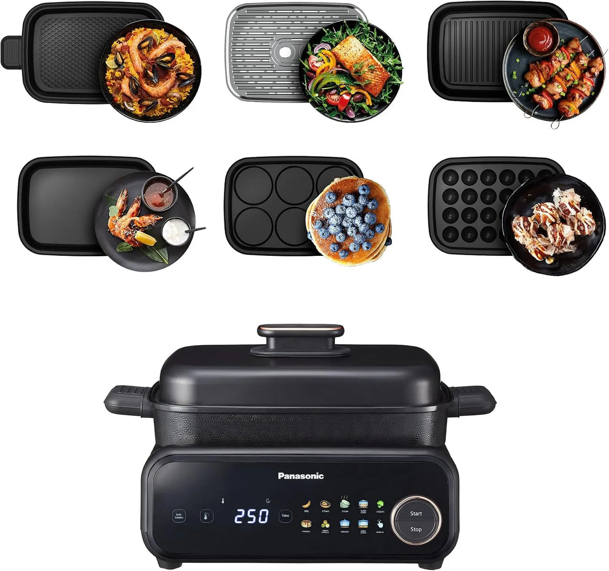 Panasonic, Slowcooker, NF-GM600KXE, 1400 W, 6-in-1, 6 Bakplaten, Rookafzuiger, Zwart, 40-250°C, 9 Automatische Standen, 2,5m Snoer
