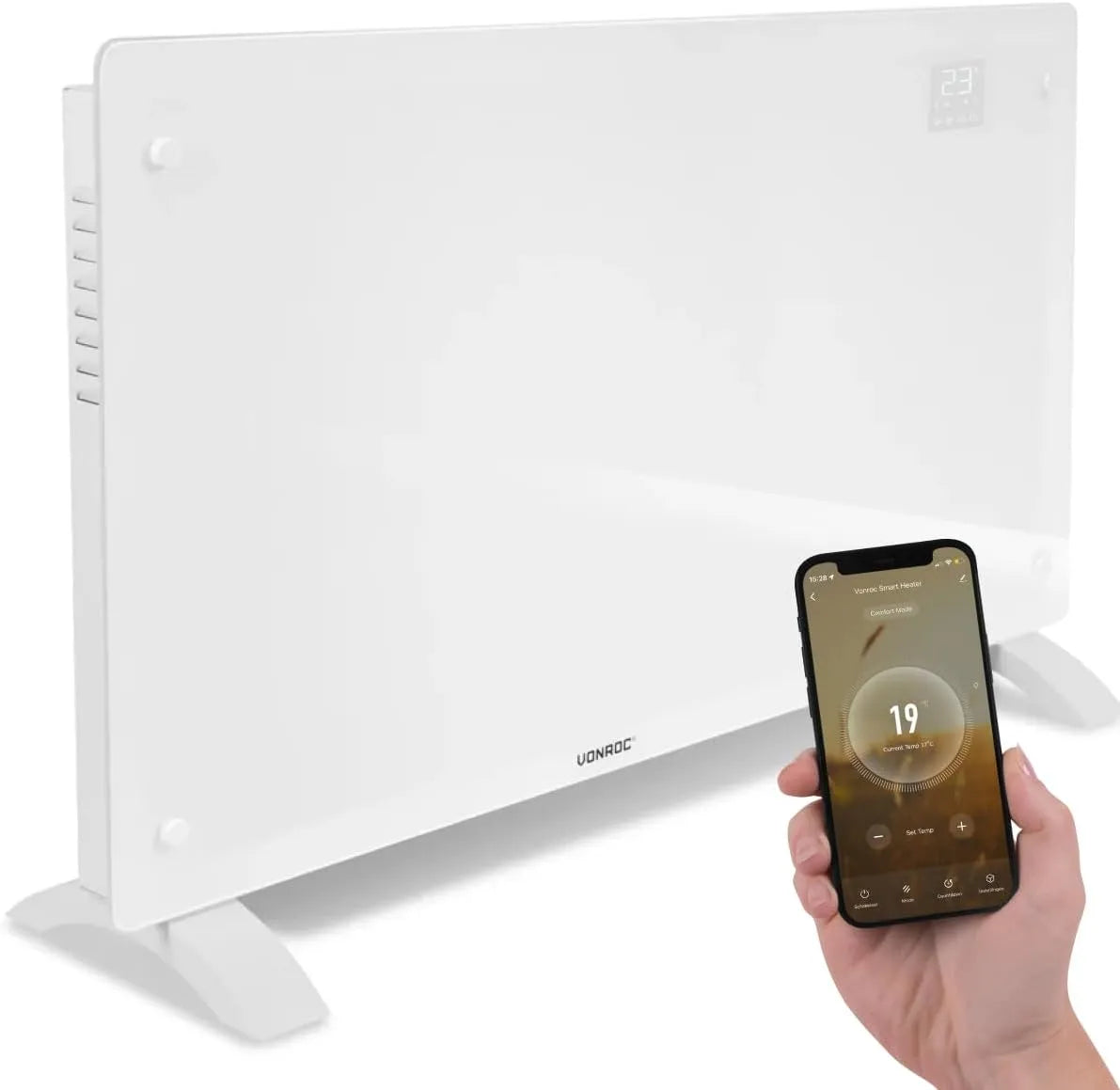 VONROC Elektrische kachel met 1250 W, 2500 W, 30m2, Wifi, timer, digitaal display, regelbare thermostaat en wit