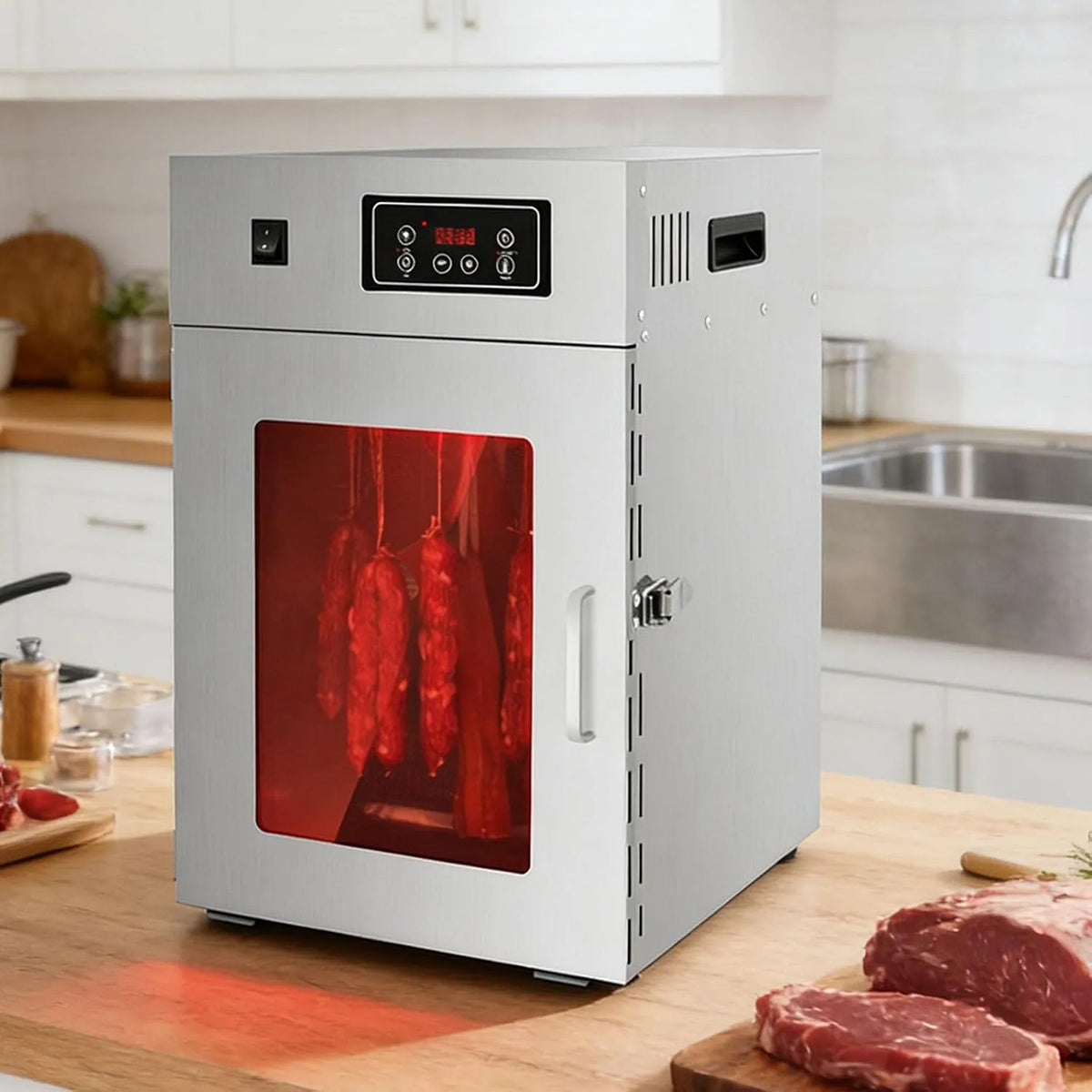 Koelkast met 800 W, 30-90°C, 24 uur, timer, regelbare thermostaat, RVS en gerichte luchtcirculatie
