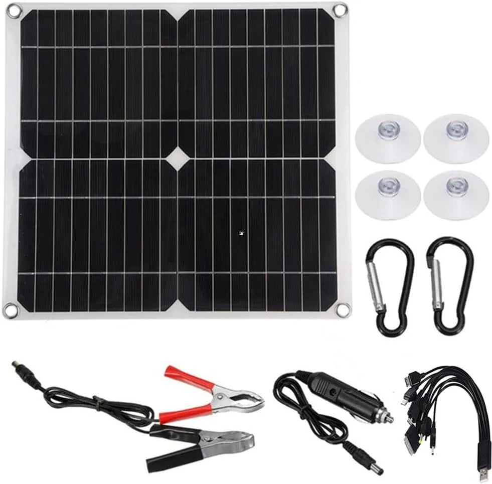 Zonnepaneel met 50 W, 330 x 360 x 20 mm, 455 x 375 x 35 mm, 685 x 360 x 2,5 mm, 25 W, 5 V, 1,5 A en 18 V