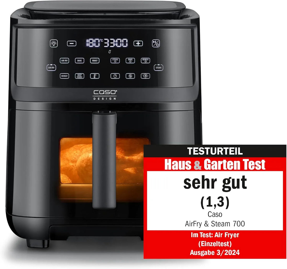 Airfryer, extra groot mandvolume 7 liter, gerechten worden buiten knapperig en binnen sappig, stoompan & airfryer, friteuse zonder olie/vet, CASO