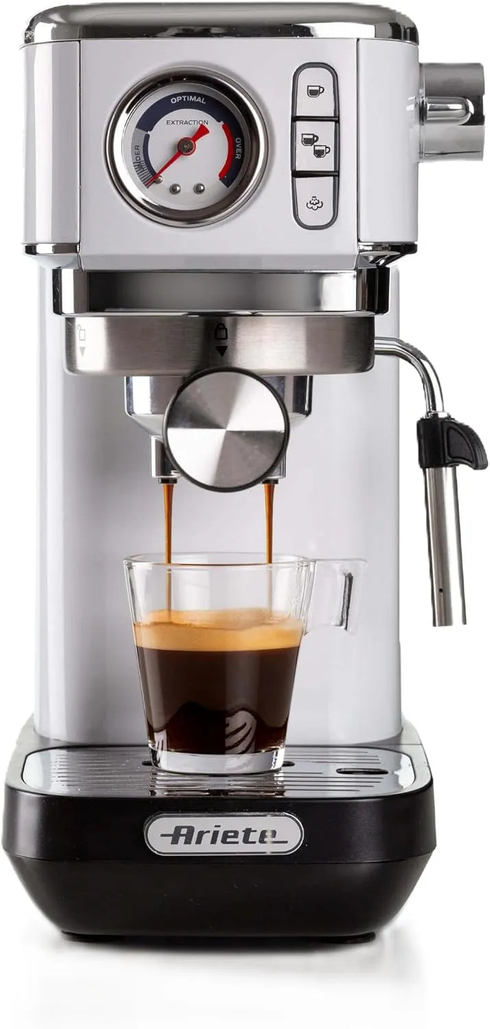 Espressomachine, Ariete, maximaal 15 bar, filter voor 1 of 2 kopjes, compatibel met koffiepoeder en ESE-pads, lans voor cappuccino, wit, 1300 W