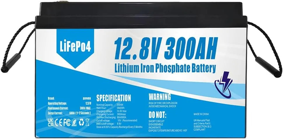 Deep cycle battery LiFePO4 met 12V, 12,8V, 300Ah, Bluetooth en zonne-energie
