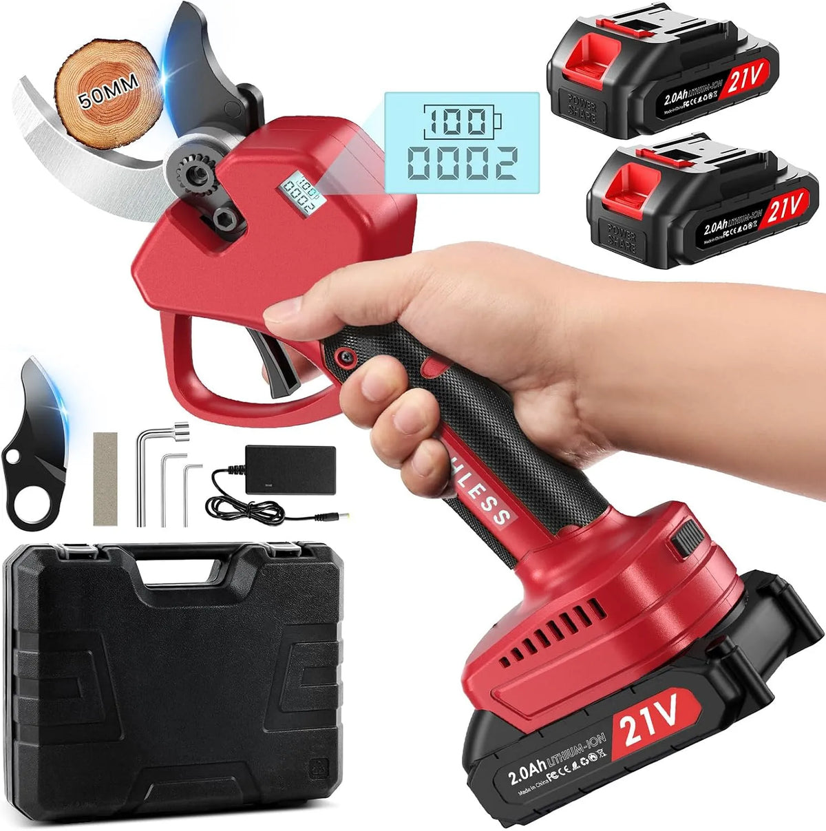 Elektrische snoeischaar x2 met 21V, 6-10 uur, 40-50 mm, 800 W, digitaal display, rood en groen