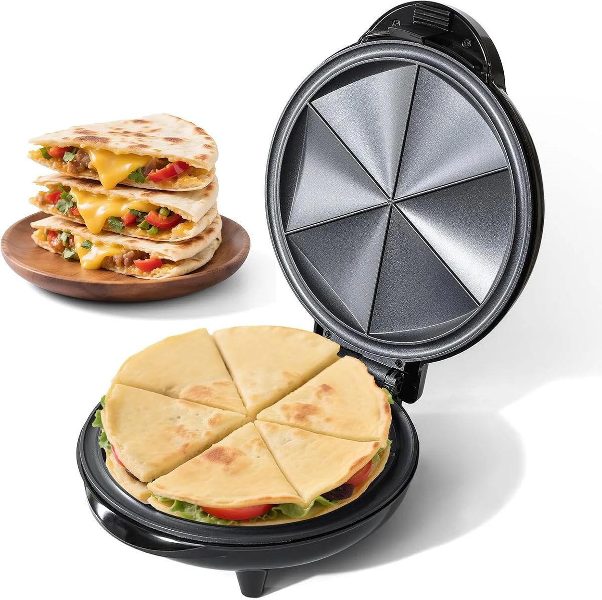 9,3 inch, Elektrische quesadilla-maker, model JK176, 9,3 inch Quesadilla-maker met antiaanbaklaag, Easy-Slice 6-wig tortilla-fornuis