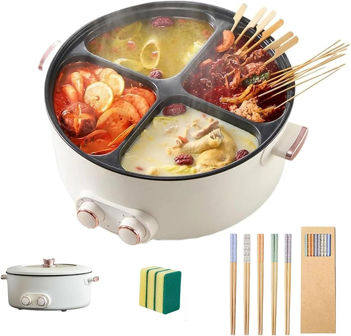 Multifunctionele stoofpot met vier roosters met 6L, 39,1 x 35,6 x 20 cm, 2000 W, 7,87 inch, regelbare thermostaat en RVS