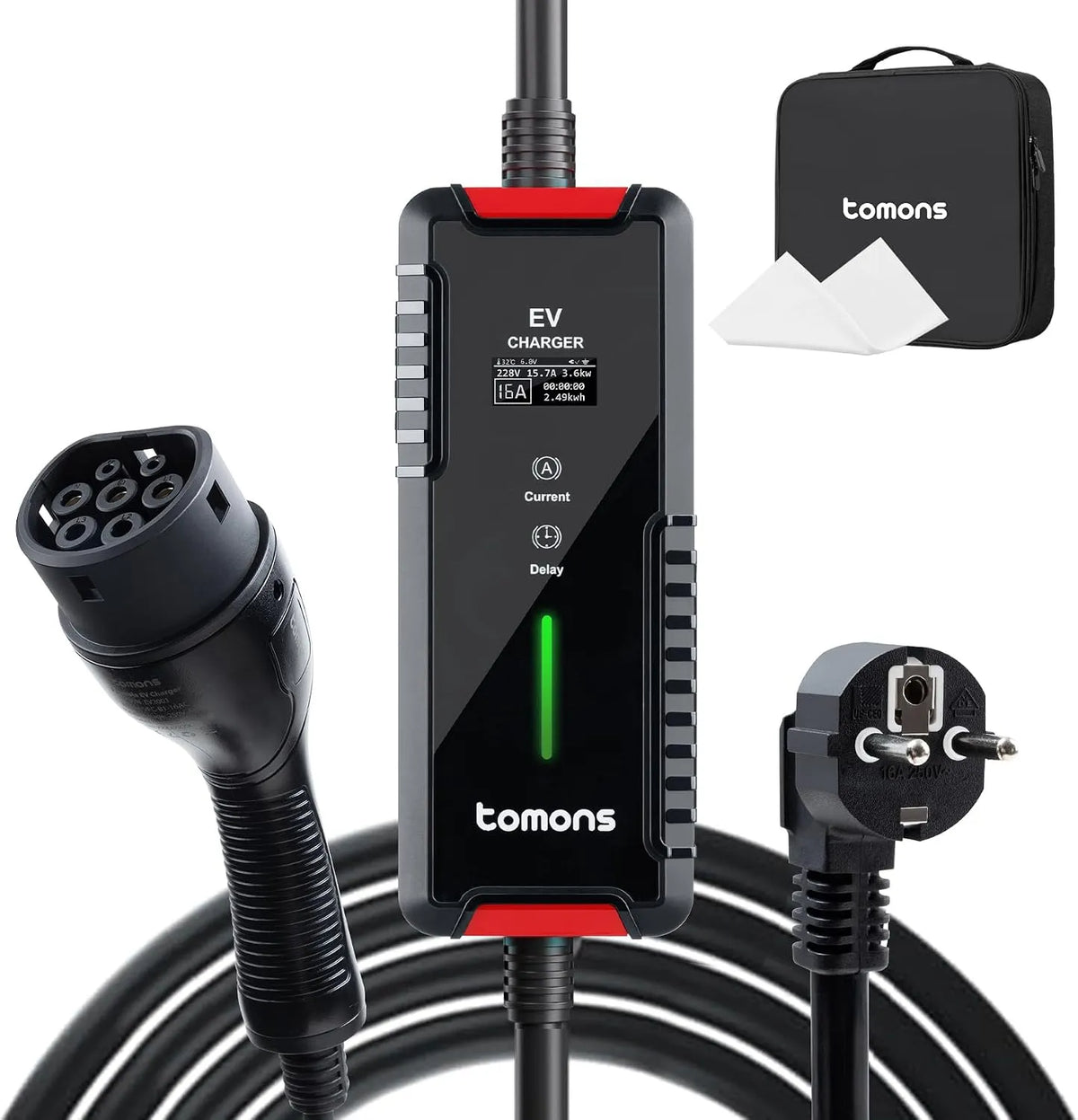Lader, tomons Oplader, 6 m, instelbare stroom 6/8/10/13/16 A, IP66, draagbare oplader voor EV's en PHEV's, mobiele wandbox, met led-display