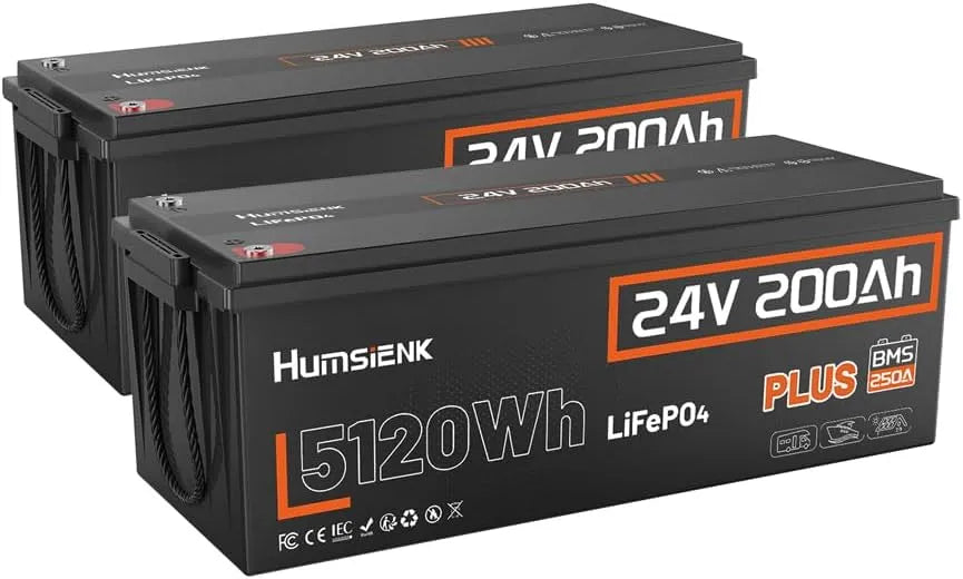 HumsiENK 24V 200Ah LiFePO4 Lithium Batterij LiFePO4 met 24V, 250A, 5120Wh en zonne-energie