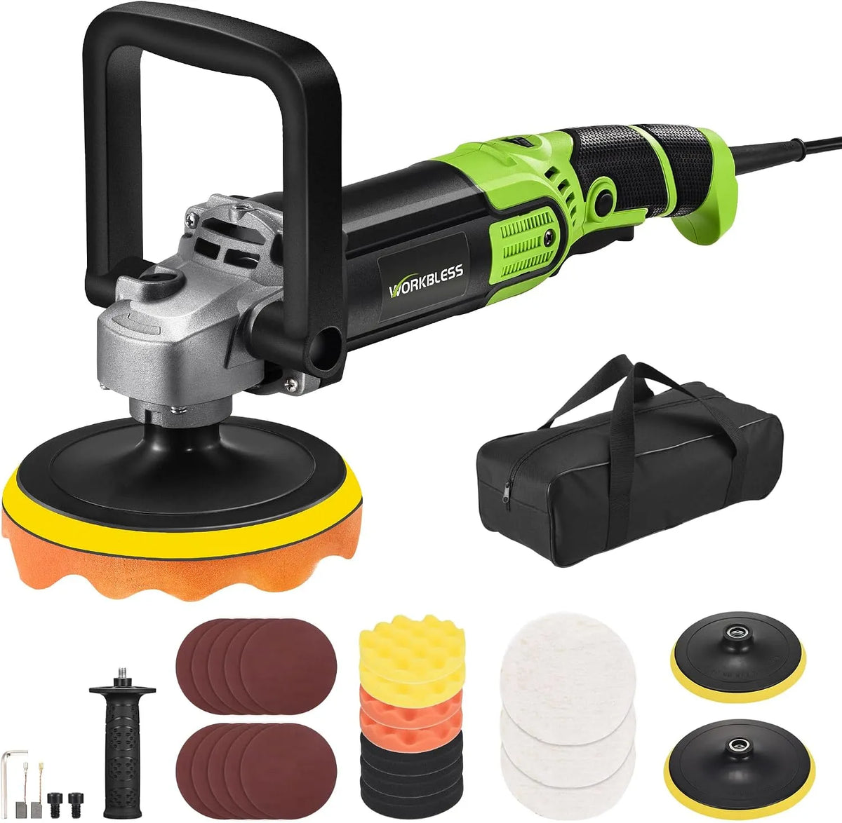 Polijstmachine met 1600 W, 15,2 cm, 17,8 cm en 7 snelheden, autobuffers en polijstmachineset voor auto's