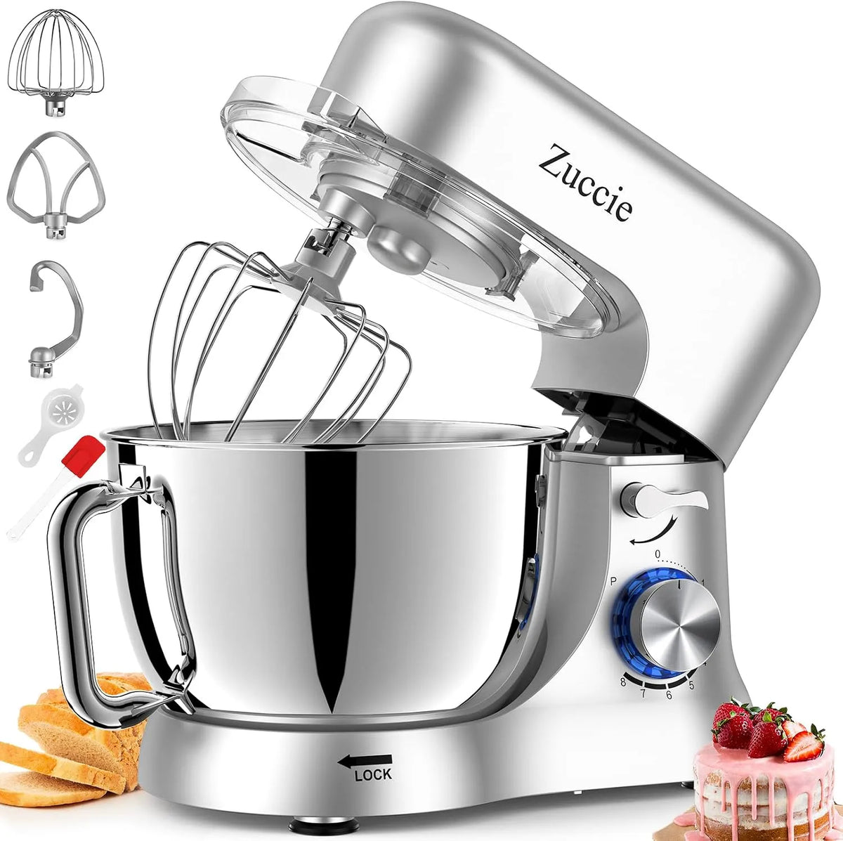 Keukenmachine met 5 l, 1000 W, 5-8 minuten, 5,5 QT, 68-75 dB, 8 snelheden