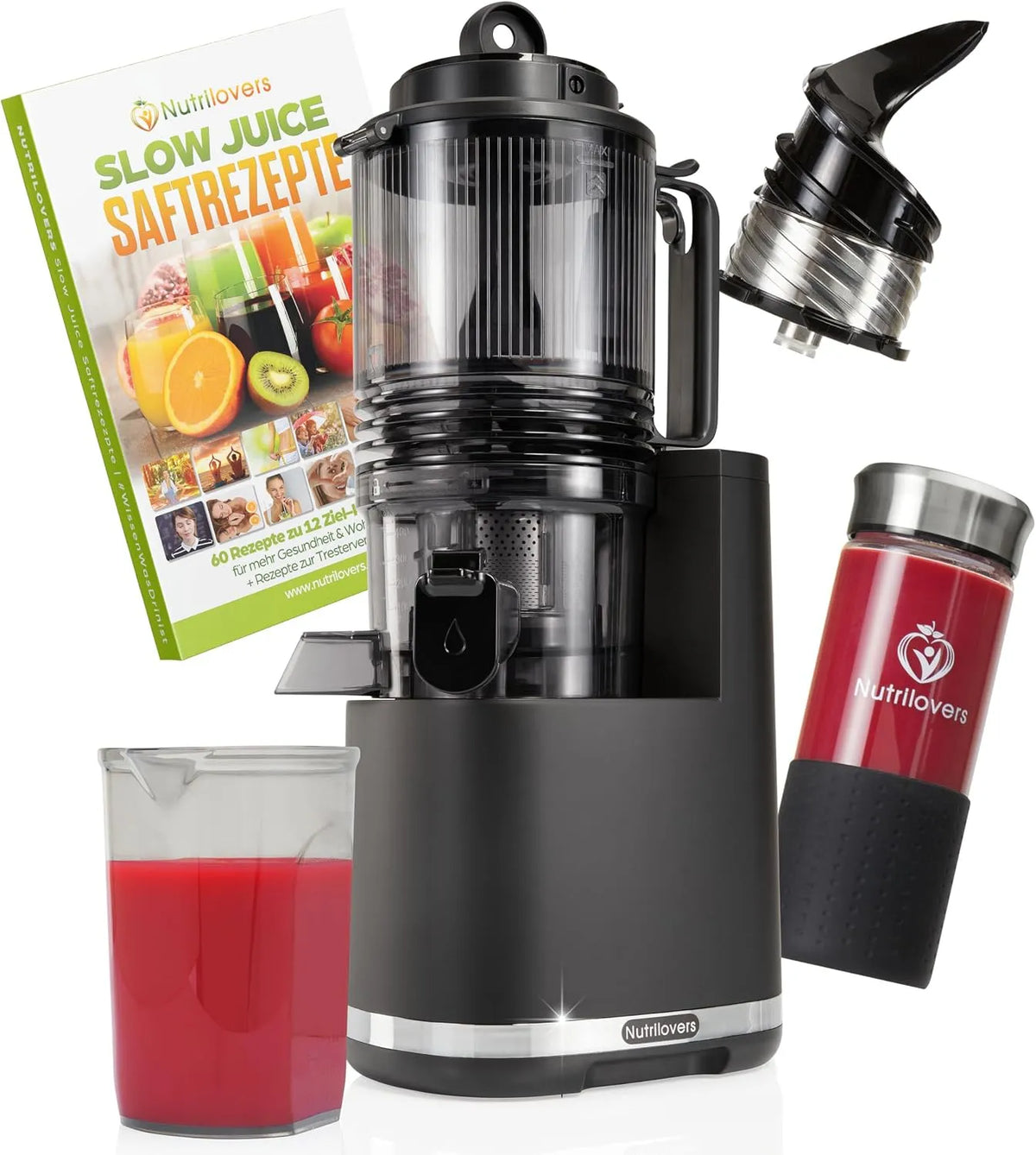 Nutrilovers Slow Juicer NUTRI-PRESS MAX+ met 150 mm, 25 cm, 35 cm, 2 snelheden, geluidsarme werking, RVS en zwart