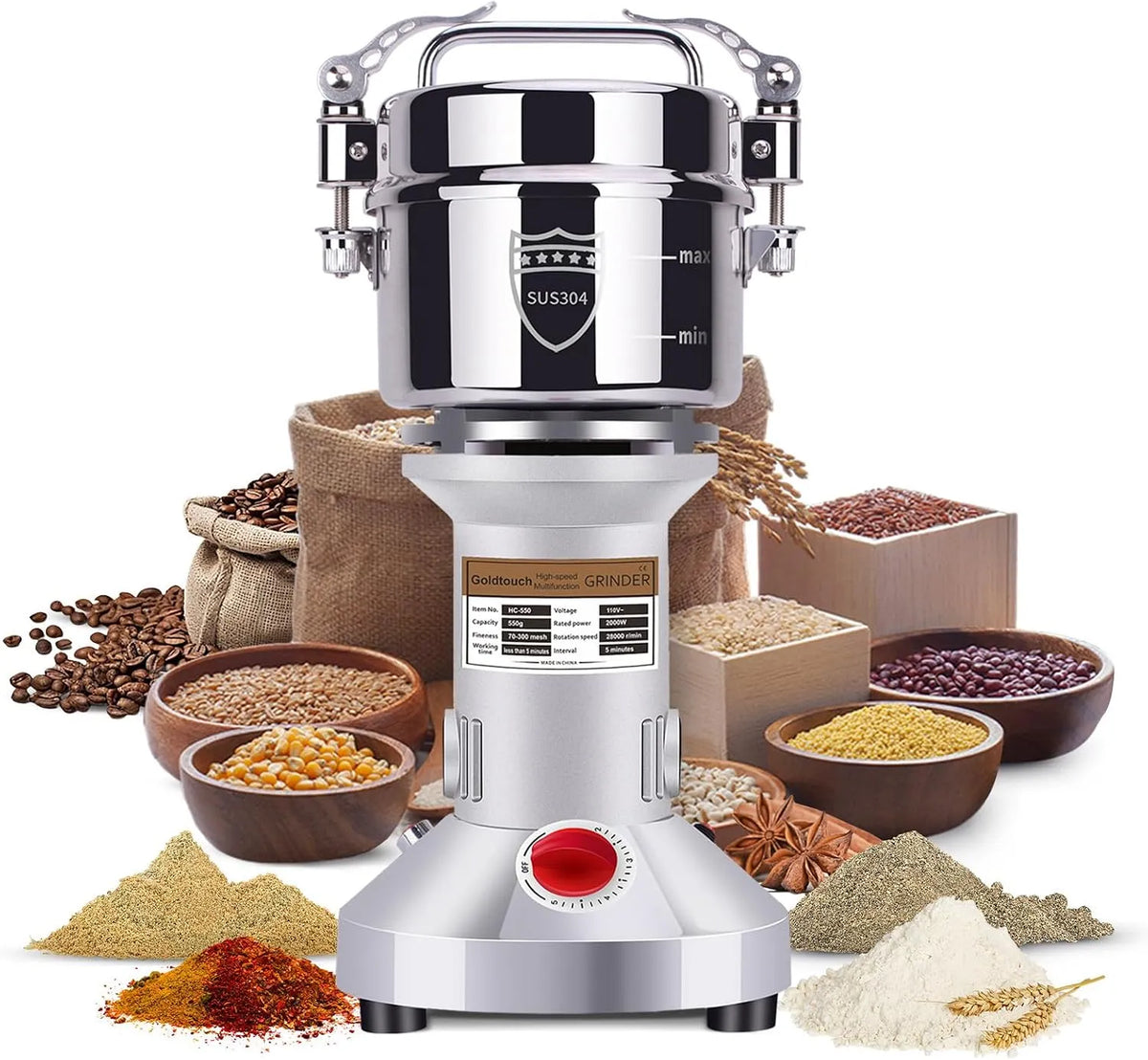Molen, 550 g, 2000 W, RVS, 28000 tpm, elektrisch, vlokkenknijper, commerciële motor, kruidenmolen, meelmolen