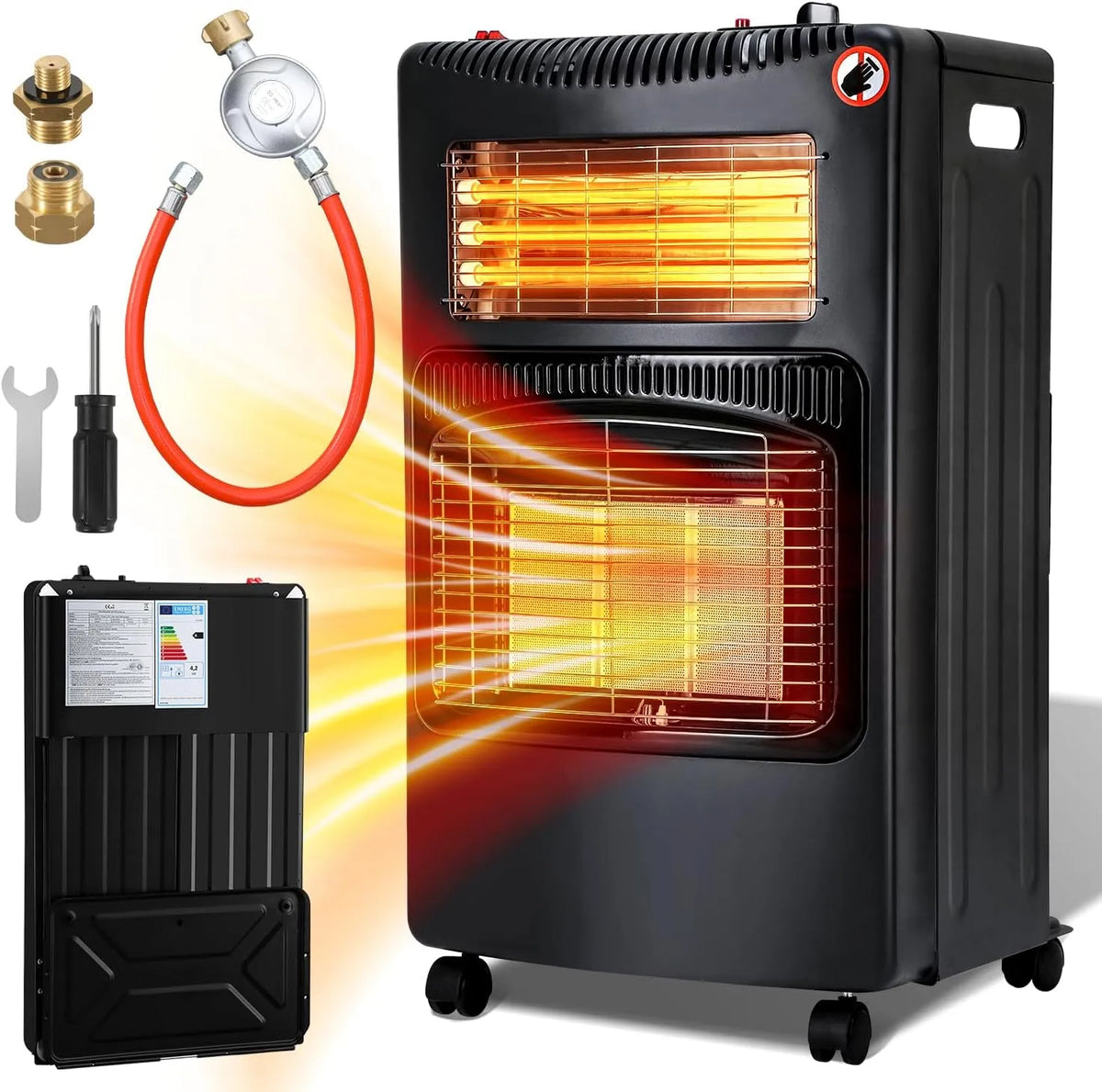 Gaskachel met gasverwarming met 3 warmtestanden voor gasflessen tot 15 kg, gasslang en Euro gasfles-adapter, 4200 W + 1260 W, met gasdrukregelaar