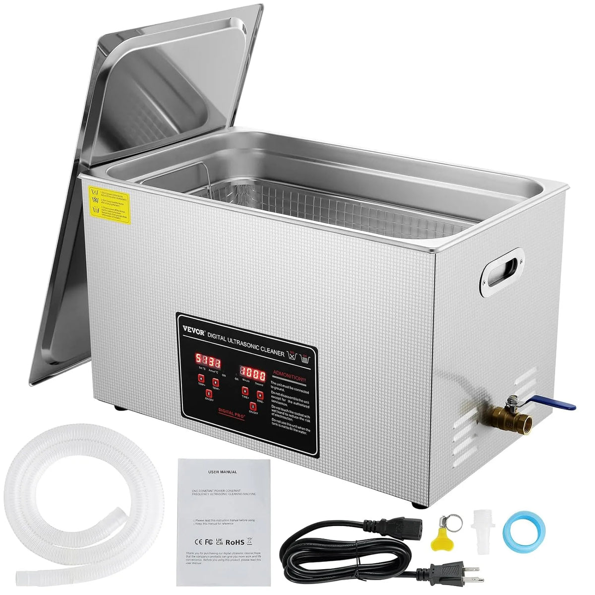 Ultrasoonreiniger met 600 W, 30 l, 0-30 minuten, timer, digitaal display en RVS