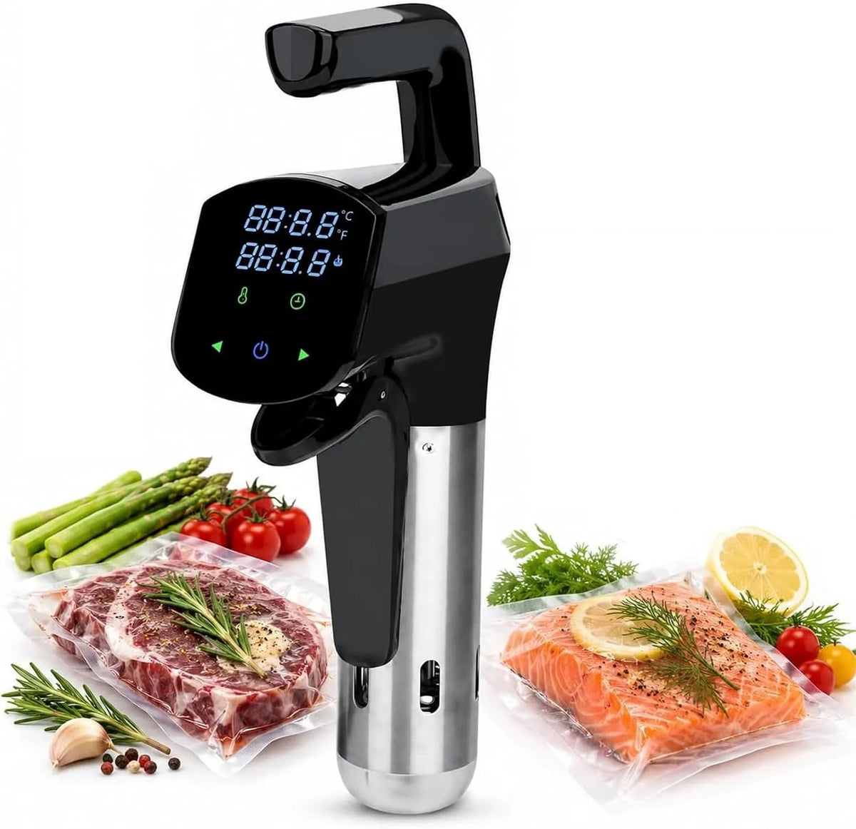 1100 W Slimme Sous Vide Cooker met 1100 W, 25 L, 0,1°C, regelbare thermostaat, RVS, zwart en wit
