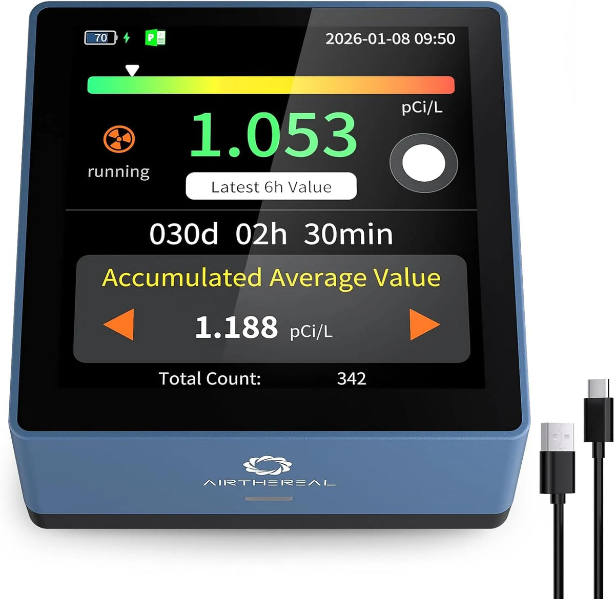 Radonmeter, 3,4 inch aanraakbediening, hoorbare en visuele alarmen, langdurige bewaking, 10 minuten updates, draagbaar oplaadbaar ontwerp, blauw