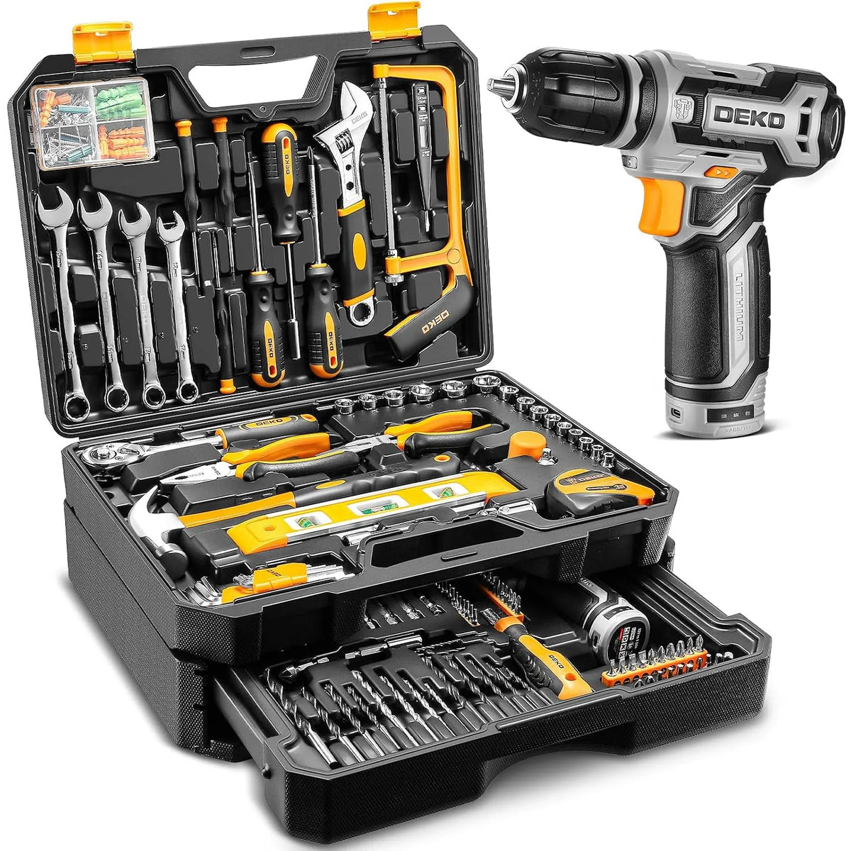 Power Draadloze Boor, 12V, Tool Kit Box Boor Set: DEKO thuis Mechanic Toolbox