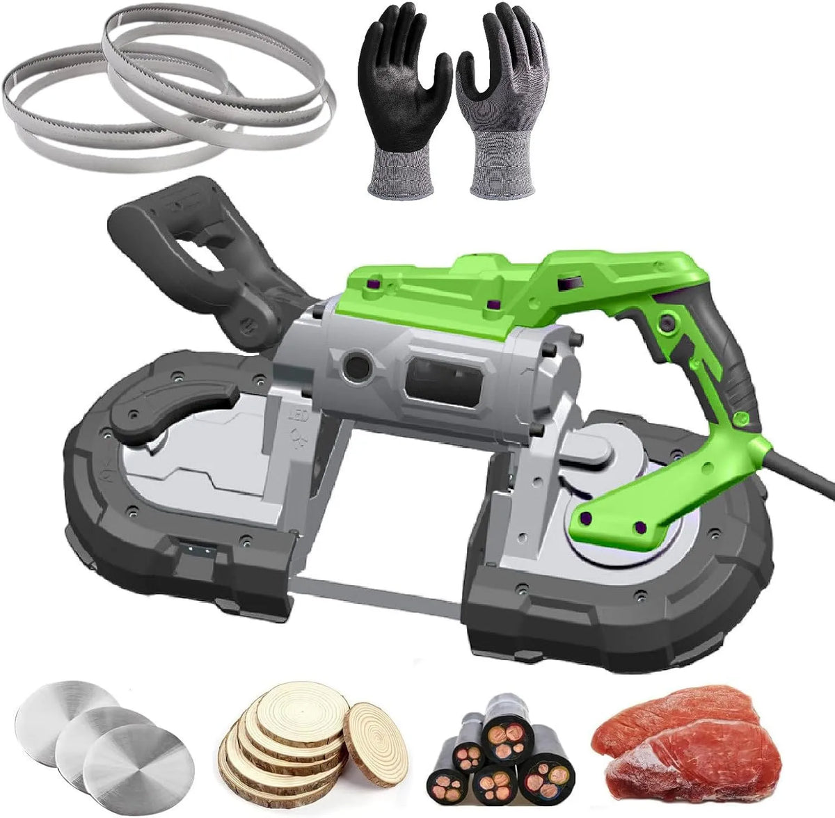 Machine, mobiele uitvoering van 1100 W bandzaag, verwijderbare basis/0-45° hoeksnijden, met 3 maten zaagblad 6 stuks & 1 handschoenen Withoutbase