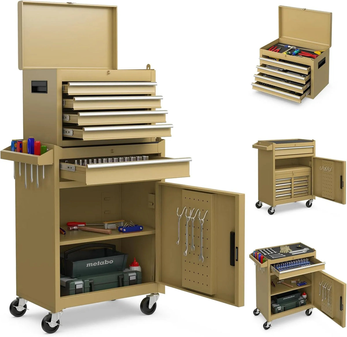 COSTWAY 2 in 1 werkplaatswagen incl. koffer & 8 vakken & haken & verstelbaar rek met 100 kg, 59 x 28 x 102 cm, 45 x 24 x 32 cm, 59 x 28 x 70 cm