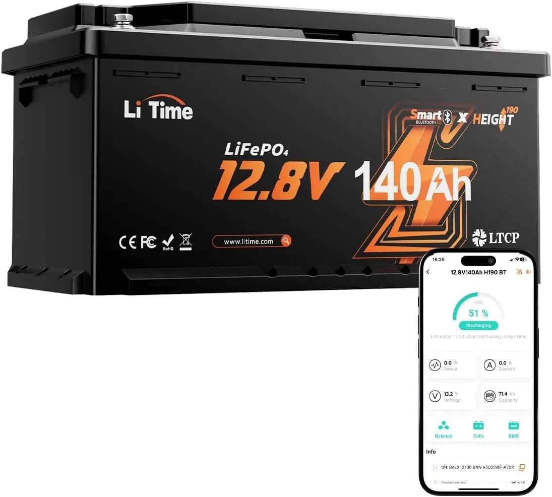 LiTime 12V 140Ah LiFePO4 Accu met Bluetooth LiFePO4 met 12V, 150A, 1920Wh en Bluetooth