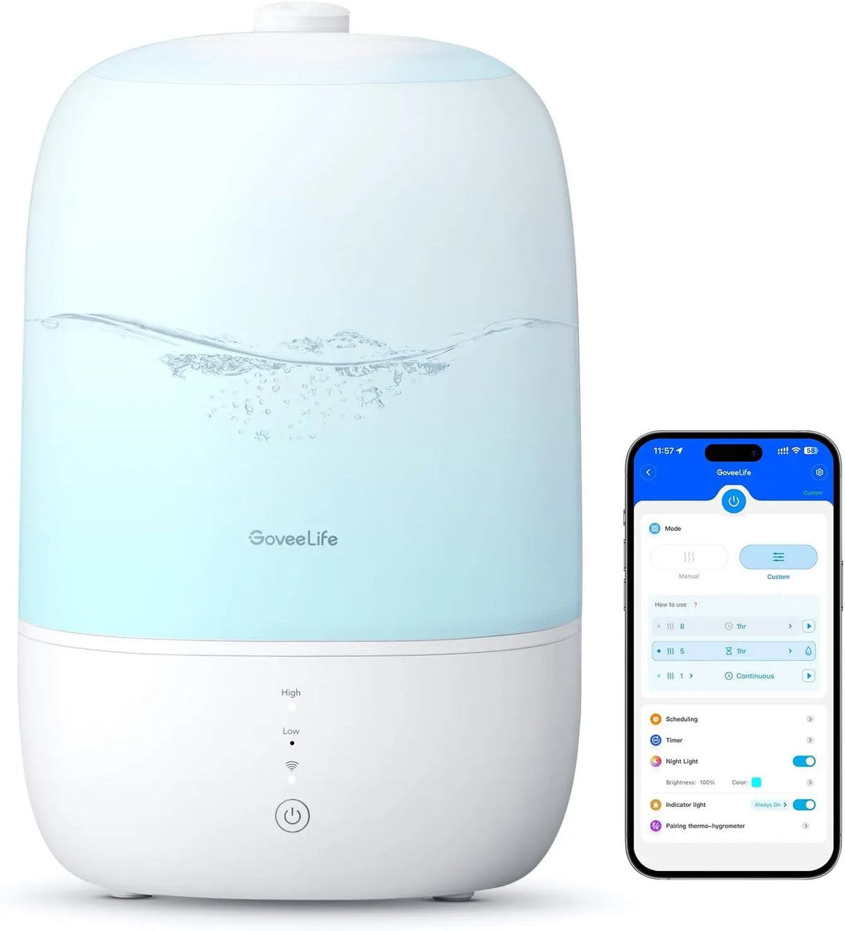 Aromadiffuser, GoveeLife -, 3L Top Fill Cool Mist luchtbevochtigers met etherische olie diffuser, WiFi luchtbevochtiger, GoveeLife, Slimme