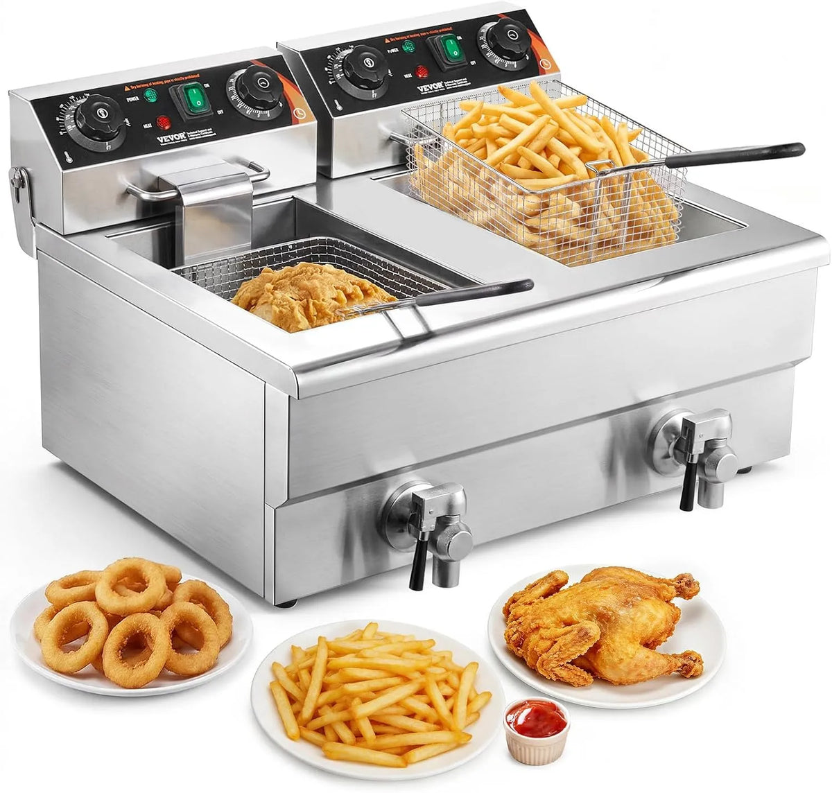 VEVOR Commerciële elektrische friteuse met 12 l, 6000 W, 50-200 °C, dubbel tanksysteem, RVS en timer